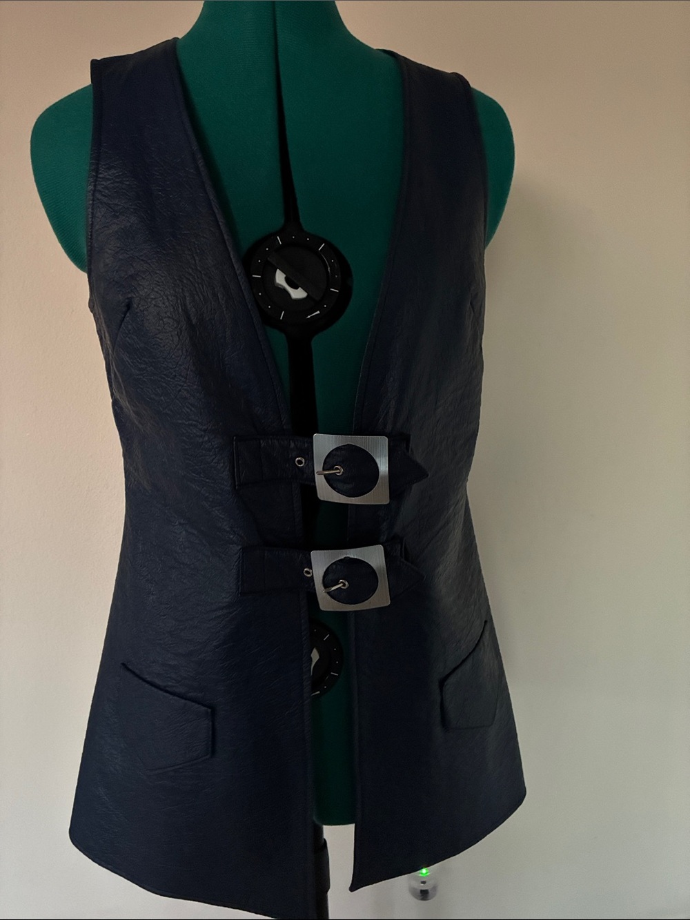 Navy Faux Leather Vest with Statement Buckles. Vintage 70 s